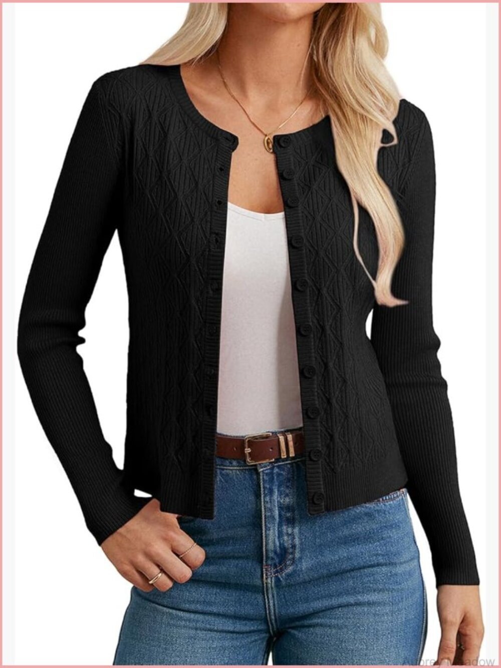 Long Sleeve Cropped Button Front Diamond Knit Cardigan